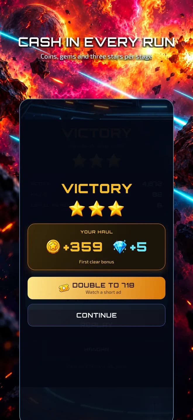 Results: coins, gems and three stars per stage