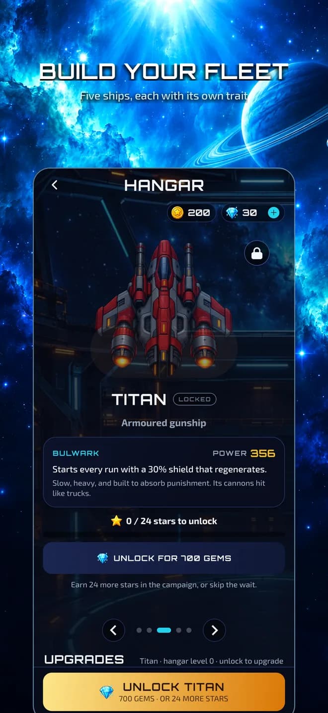 Hangar: seven ships, each with its own trait